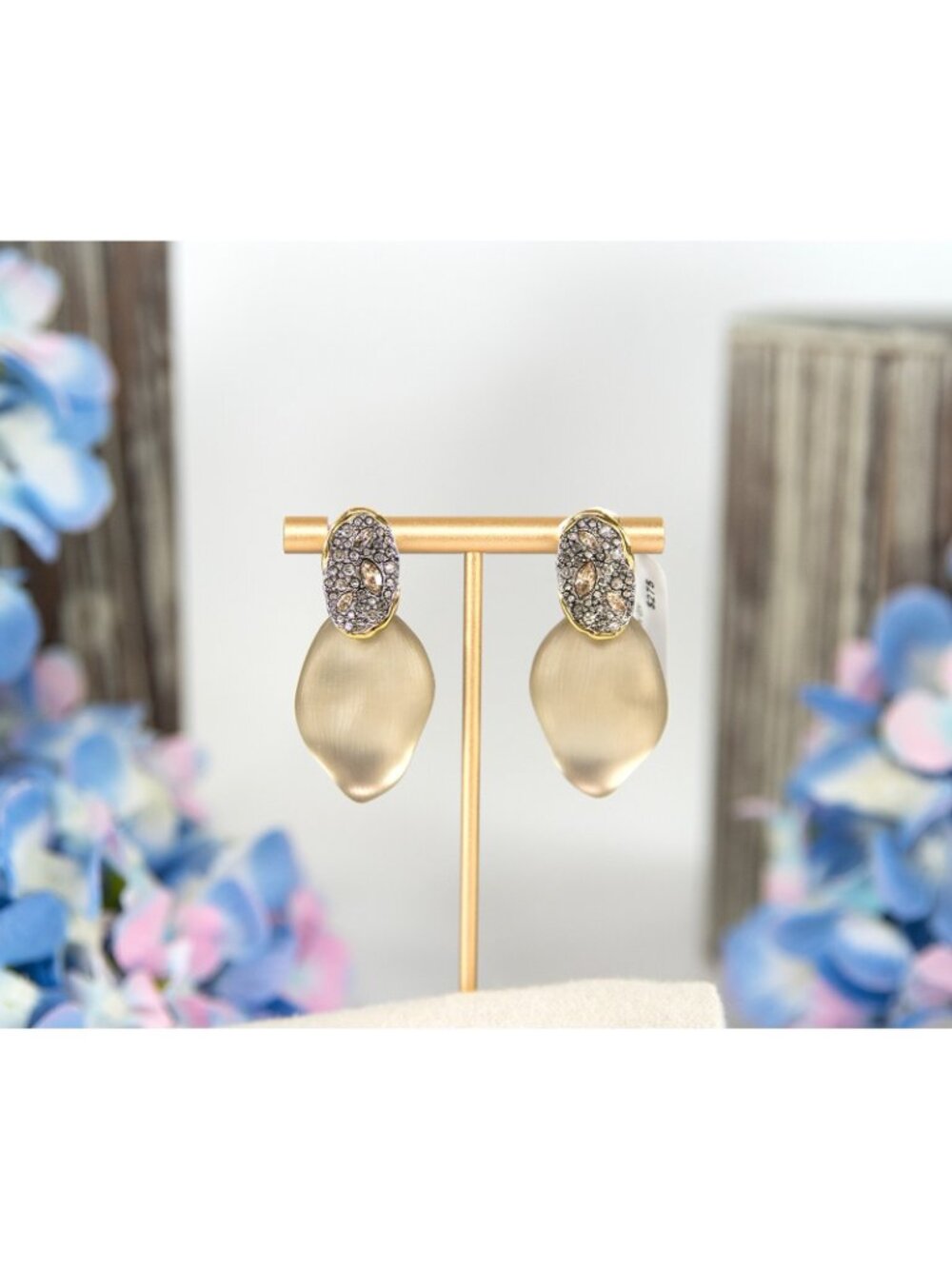 Alexis Bittar Warm Grey Lucite Solanales Crystal Lake Gold Drop Earrings NWT